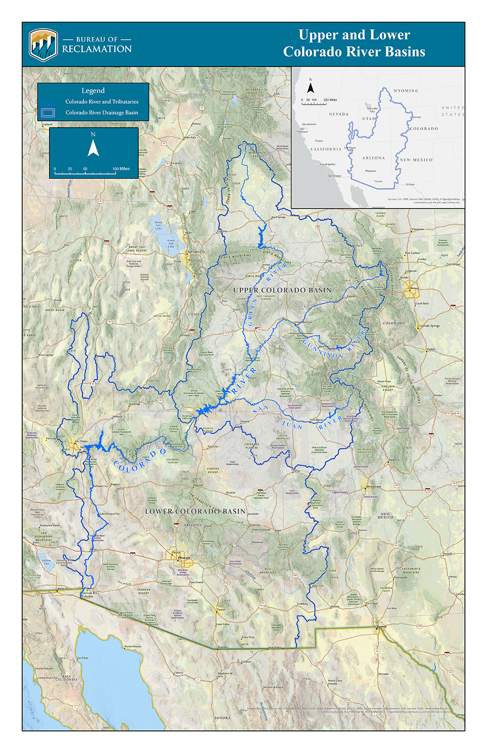 A map of the Colorado River Basin showing both the upper and lower basins.