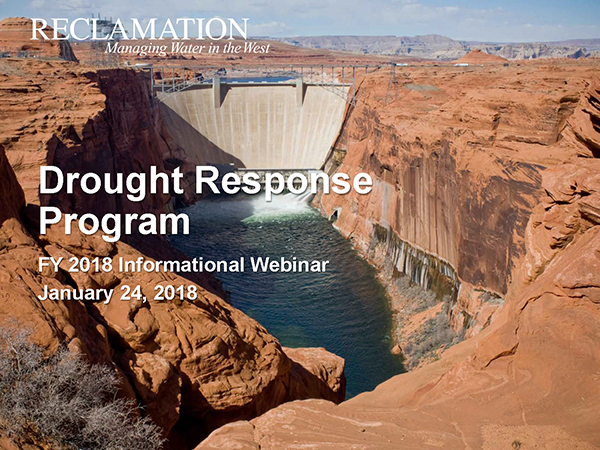 Cover page of drought program webinar showing Glen Canyon Dam and the Colorado River.