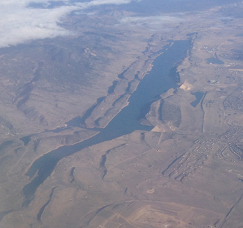A picture of Horsetooth Reservoir from the air, looking south to north.