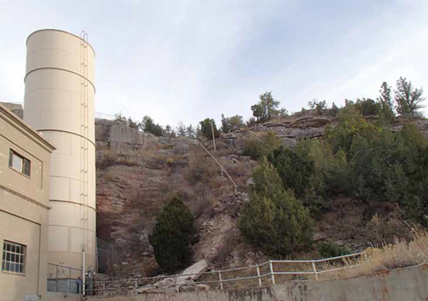 Large limestone slab above the Guernsey Power Plant entrance.