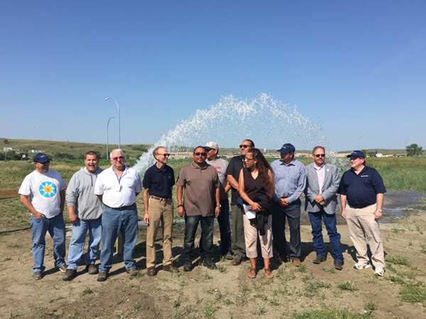 (L to R) Operations Superintendent Standing Rock Water Tom Ridley, Steve Willard, DKAO Project Engineer Tom Thompson, DKAO Area Manager Arden Freitag, Councilman Frank White Bull, Councilman Kory McLaughlin, Councilman Charles Walker, Director Standing Rock Water Randez Bailey, Standing Rock Sioux Tribe Chairman Dave Archambault, South Dakota Governor Daugaard’s Representative Steve Emery, Bartlett and West Senior Project Manager Doug Mund.