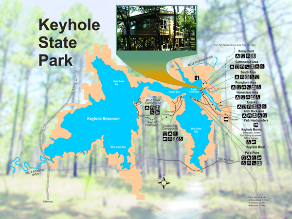 Map of Keyhole State Park showing location of the treehouse cabin rental.