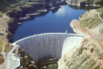 Aerial photo of Yellowtail Dam and National Park Service Visitor Center.