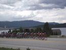 The USA Pro Cycling Challenge, looking south at the Mount Elbert Powerplant with the pack of 135 riders riding by.
