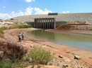 The inlet structure and intake tower for Twin Buttes Reservoir highlighting the low lake levels caused drought by Thomas Michalewicz.