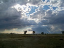 Sunlight rays coming through clouds near Worden, Montana, by Andrea Schmidt.