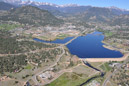 Lake Estes and Olympus Dam, located in the middle of Estes Park, Colo. The Continental Divide marches across the background and the Estes Power Plant is located on the reservoir's most western shore. Photo by Kara Lamb.