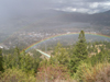 Somewhere over the rainbows. Taken from Prospect Mountain with the Town of Estes Park and Lake Estes in the background. The 3 Estes Power Plant Penstocks are in the foreground and Estes Power Plant can be seen behind the top rainbow at the far left (West) end of the lake. Photo by Steve Green.