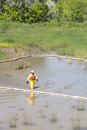 Checking containment booms at the confluence of the Yellowstone and Clark's Fork Rivers. Image taken July 7, 2011.
