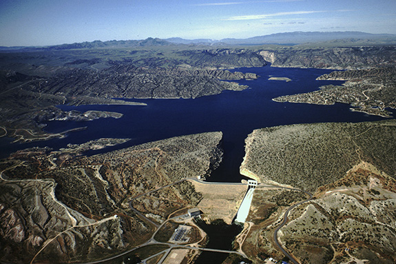 Aerial photo of Alcova Dam and Reservoir