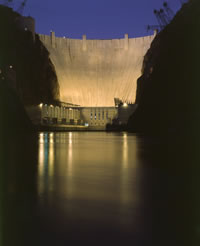 Photo of Hoover Dam at night. Click photo for larger view.