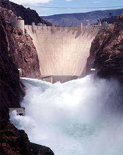 Water being bypassed around Hoover Dam through jet flow gates.  Click for larger image.