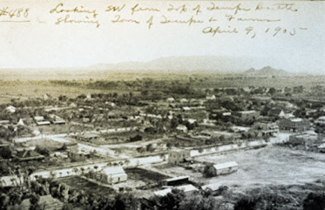 A 1905 view of Tempe looking southwest from Tempe Butte.  Linear alignments of trees usually indicate open canals and ditches. (Reclamation photograph)
