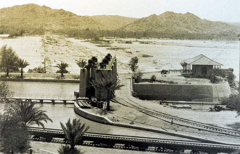 View of Laguna Dam showing the desilting basin, sluice gates, and Yuma Canal regulating gates. (National Archives, Yuma Projects Office, No date)