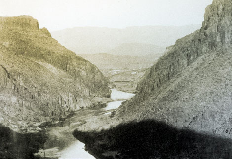 View up the Salt River Canyon below the site selected for Roosevelt Dam, 1904. The dam site was identified as early as 1889 by surveyors. (Reclamation photograph)