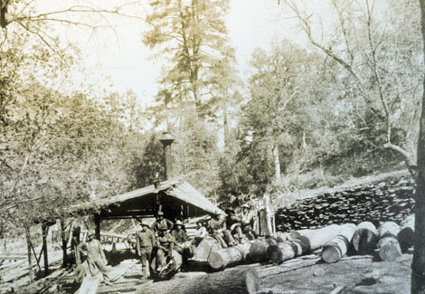 As construction got underway, the Reclamation Service established a lumber mill in the Sierra Ancha Mountains north of the Roosevelt Dam site. A local source for construction lumber was less expensive than hauling it from Mesa, 1904. (Reclamation photograph)