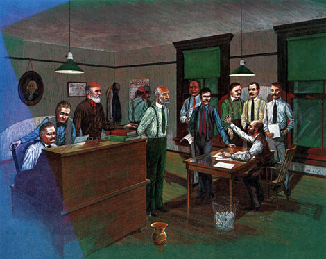Salt River Valley Users Association Meeting as painted by C. Kemper, 1980. L to R: J.kibbey, P.T. Hurley, W. Christy, H. Simkins, W. Wallace, B.A. Fowler, A.J. Chandler, F. Parker, L. Orme, D. Heard, F. Alkire (seated), G. Maxwell. (Courtesy of Salt River Project)