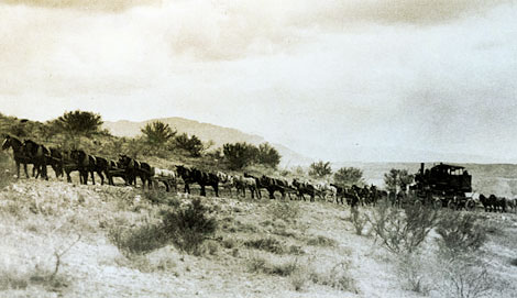 A team of horses and mules pull a small steam locomotive towards the Roosevelt Dam site, No date. (Courtesy of Salt River Project)