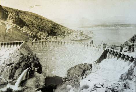 View of the completed dam looking upstream. Taken 1923; photographer unknown.