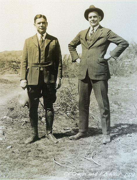 Superintendent Charles C. Cragin (left) and SRP President Frank Reid played key roles in moving the Salt River Valley Water Users' Association into the power generation business. Cragin's plan for building three new dams on the lower Salt River ensured that the Association would become a major hydroelectric supplier for the Salt River Valley. (SRP photograph)