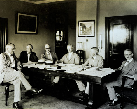 The Colorado River Commission, with Secretary of Commerce Herbert Hoover serving as chairman, met in Santa Fe, New Mexico, in the Fall of 1922. Here, during a sometimes contentious  meeting, they hammered out an agreement governing future water rights allocation on the Colorado River. The resulting Colorado River Compact divided the river into an Upper Basin comprised of Wyoming, Colorado, Utah, and New Mexico and a Lower Basin comprised of Nevada, Arizona, and California that lies downstream from Lee's Ferry near the Utah/Arizona border. (Reclamation photograph)