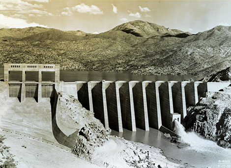 Bartlett Dam, located on the Verde River, was completed in 1939 by the Bureau of Reclamation.  It was designed to store water for Salt River Valley farmers and did not produce electricity. (Courtesy of Salt River Project)