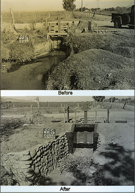 Here is another example of a four-way control structure that was replaced with a concrete structure, although the new control gate is made of wood.  Eventually these gates were replaced with metal gates that were raised and lowered by means of a hand-turned screw. (Reclamation photograph)