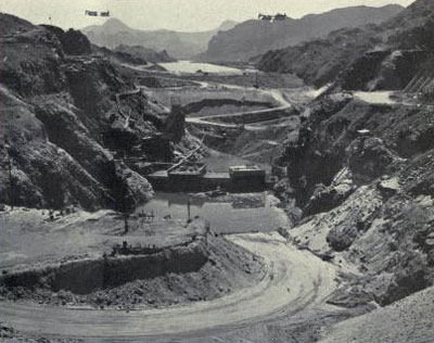 Parker Dam under construction. Average elevation of concrete, 278 feet. Looking downstream. The Reclamation Era, December 1937. Reclamation Photo.