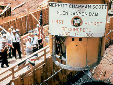 First bucket of concrete was poured at Glen Canyon Damon June 17, 1960, the 58th anniversary of the signing of the Reclamation Act of 1902. Reclamation photo.
