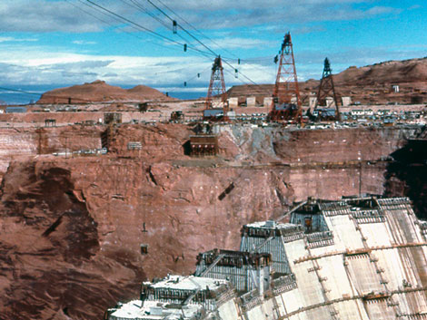 View of construction cableways at Glen Canyon Dam, 1963. Reclamation photo.