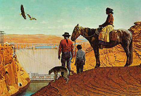 Glen Canyon Dam by Norman Rockwell (1894-1978); Oil on canvas, 51 x 77; Glen Canyon Dam, Colorado River Storage Project, northern Arizona. Glen Canyon Dam in northern Arizona is the primary feature of the Colorado River Storage Project. Water stored behind the 710-foot high dam is used to meet obligations to the states of the Lower Colorado River Basin as outlined in the Colorado River Compact. The water is used for irrigation, power generation, municipal and industrial uses, and fish and wildlife enhancements. In addition, the dam provides a high degree of flood control along the lower Colorado River. 