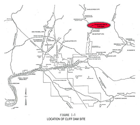 Map showing the proposed location of Cliff Dam, between Horseshoe Dam and Bartlett Dam on the Verde River. This dam was removed from consideration by Plan 6. (Reclamation photograph)