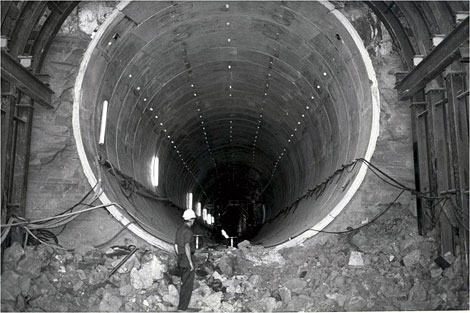 CAP tunnel through Bucksin Mountain at the Lake Havasu intake channel. The tunnel is 22-feet in diameter and 7 miles long. (Reclamation photograph)