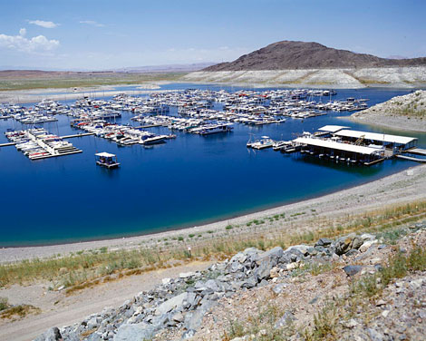 This marina in Lake Mead was relocated in 2006 as lowering reservoir levels closed off the cove's access to the lake.  The years 2000-2010 were the driest 11-year period in the 100-year historical record of the Colorado River. (Reclamation photograph)