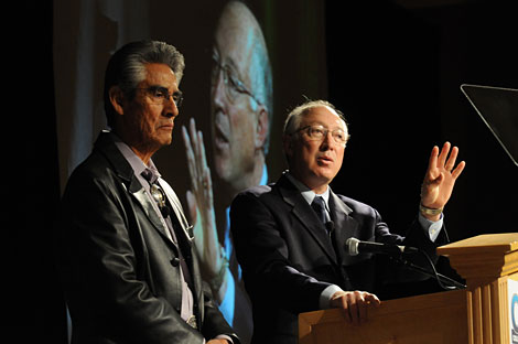 Ken Salazar, Secretary of the Department of the Interior and Joe Shirley, Navajo Nation President, speak at the signing of the  San Juan Navajo Water Rights at the Colorado River Water Users Association Annual Conference. Department of the Interior photo.