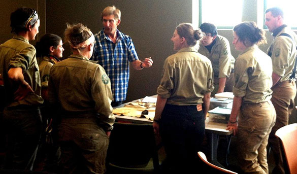 Photo of Kangas Sharing Collection Analysis Skills with CREC Crew Working at CC Wetlands