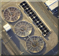 Aerial view of three solids contact reactors 