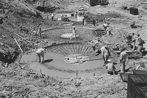 Base of holding tanks at the Tracy Fish Collection Facility during April 1956