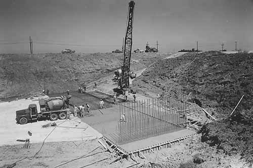 Concrete placement at the Tracy Fish Collection Facility during March 1956