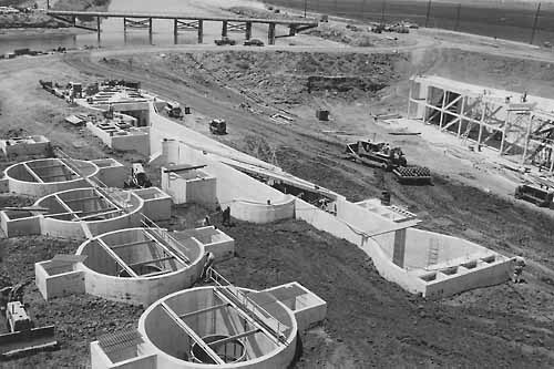 Holding tanks and secondary louver construction at the Tracy Fish Collection Facility during July 1956