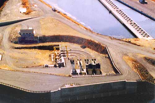 Aerial view of the Red Bluff Research Pumping Plant in Red Bluff, California, looking at the headwall and intake. 