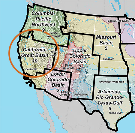 Reclamation region's map with Interior Region 10 · California-Great Basin circled