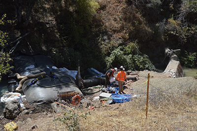 Cofferdam installation, looking from the right bank