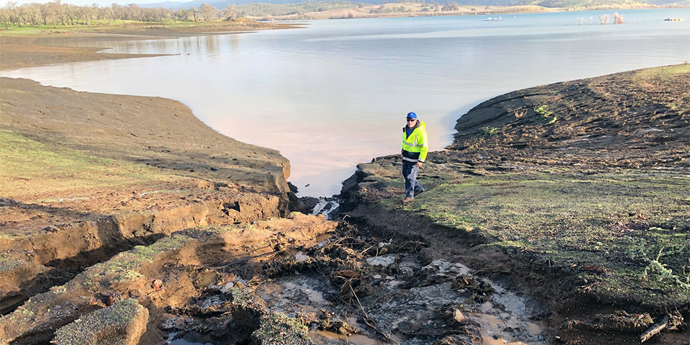 Sizable gully formed after heavy rains near Lake Berryessa’s Acorn Beach (USBR Photo by Geoff Godfrey)