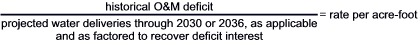 Equation: historical O&M deficit over projected water deliveries through 2030 or 2036, as applicable and as factored to recover deficit interest equals rate per acre-foot