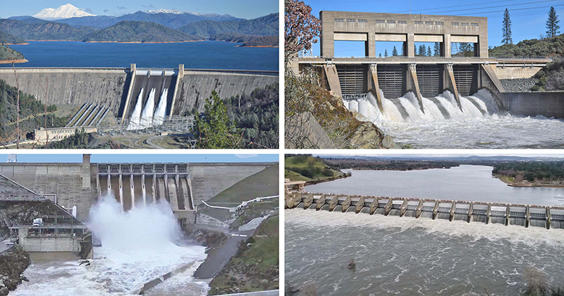 Clockwise: Shasta, Keswick, Nimbus, Folsom dams releasing high flows January 2017