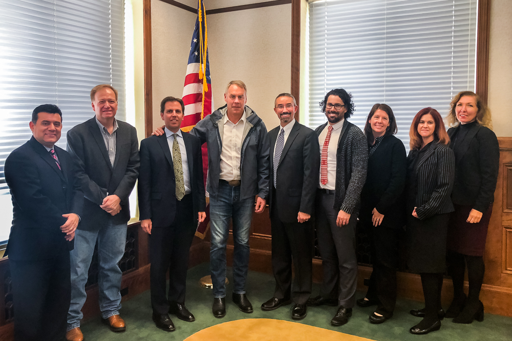 Reclamation Mid-Pacific Region staff brief Interior Secretary Ryan Zinke (center) on the Central Valley Project and other state-wide water matters in Maxwell, California Monday, Nov. 26, 2018.