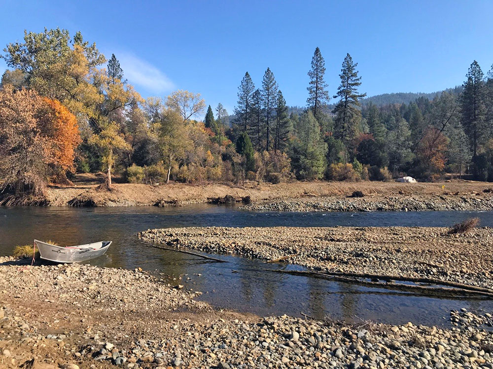 Newly constructed medial bar and point bar at the tail of a new floodplain and meander bend in the Deep Gulch area