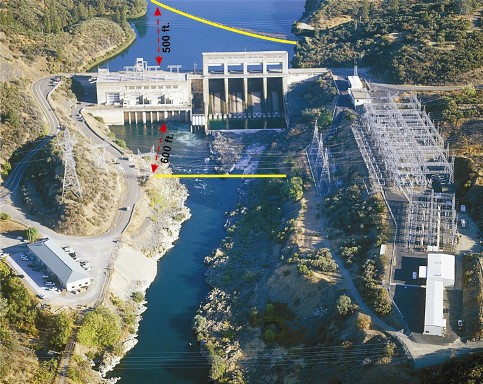 static photo:  The photograph is an aerial view that depicts the Keswick footprint of land, and facilities covered by this closure order. There are yellow markings both upstream and downstream of the dam that show the closure boundaries
