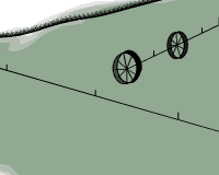 Animated watercolor of blue water spraying across a green field from pipes mounted across large metal wagon wheels.  There is also water spraying out of pipes resting on the ground.